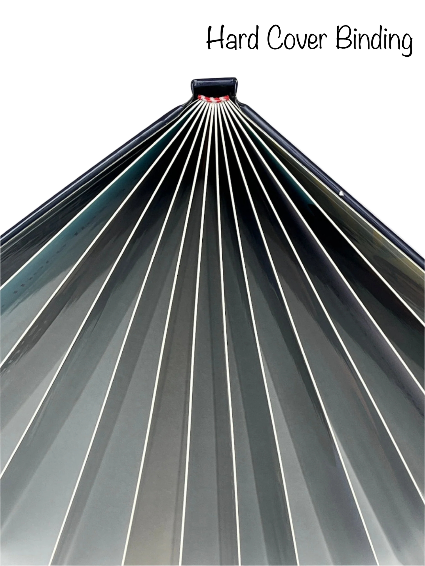 Top-down view of an open hard cover book, clearly displaying the spine and how the binding allows it to lay open.