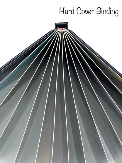 Top-down view of an open hard cover book, clearly displaying the spine and how the binding allows it to lay open.